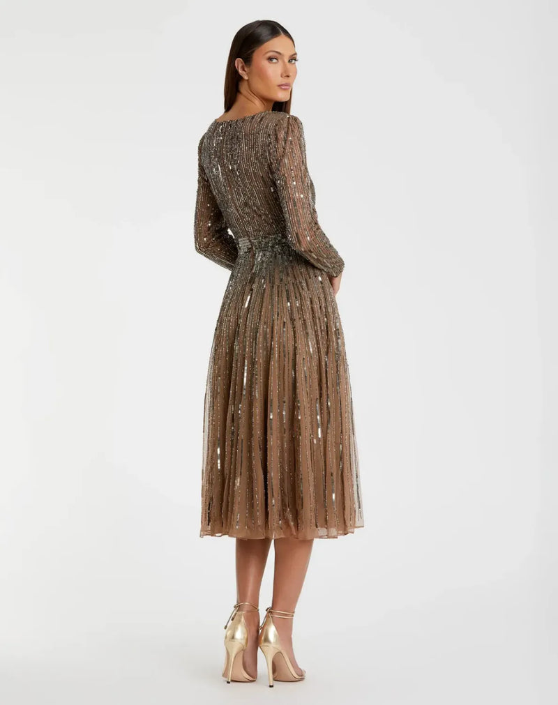 Brown Long Sleeve Tea Length Dress by Mac Duggal for women in Singapore