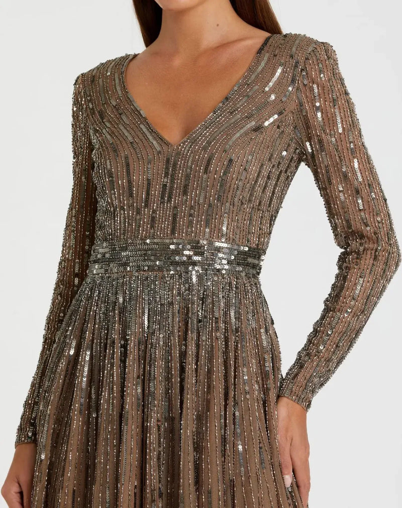 Brown Long Sleeve Tea Length Dress by Mac Duggal for women in Singapore
