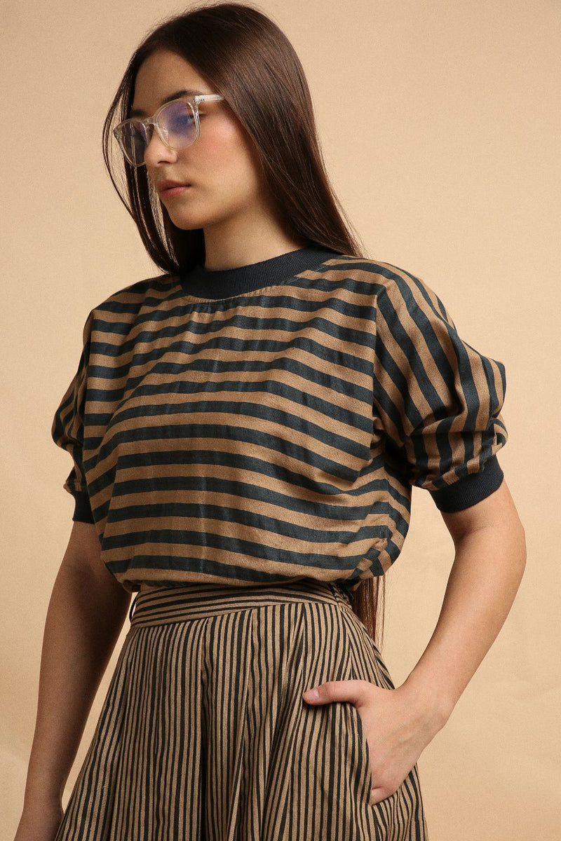 Brown Med Striped New Sphara Crop Top 100% cotton by Mati in brown color for women in Singapore
