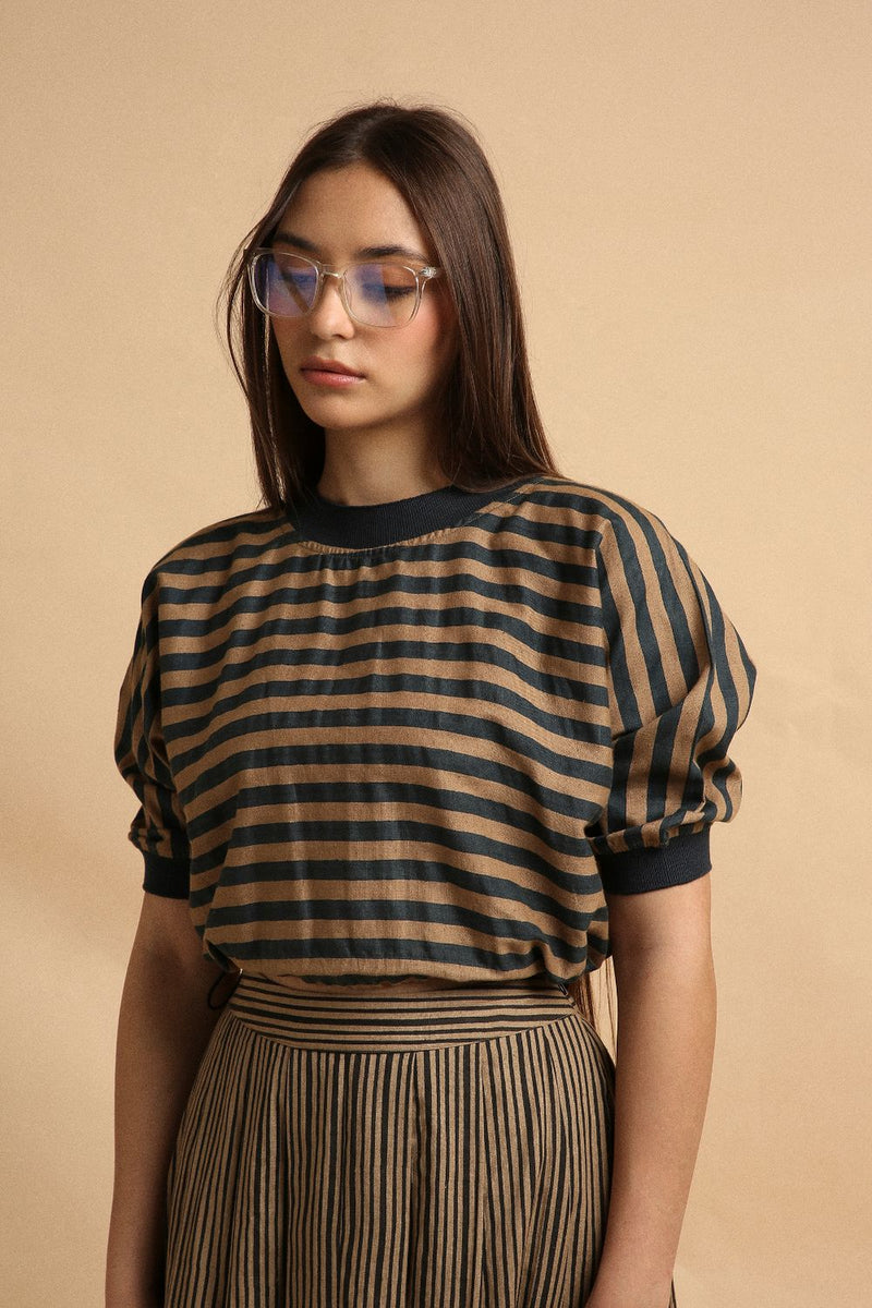 Brown Med Striped New Sphara Crop Top 100% cotton by Mati in brown color for women in Singapore