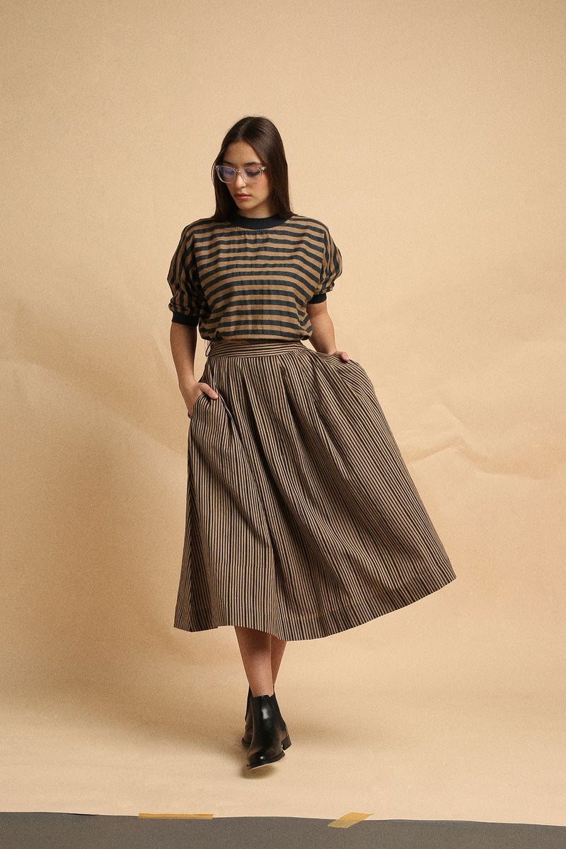 Brown Med Striped New Sphara Crop Top & Skirt Co-Ord Set (2 PCS) 100% cotton by Mati in brown color for women in Singapore