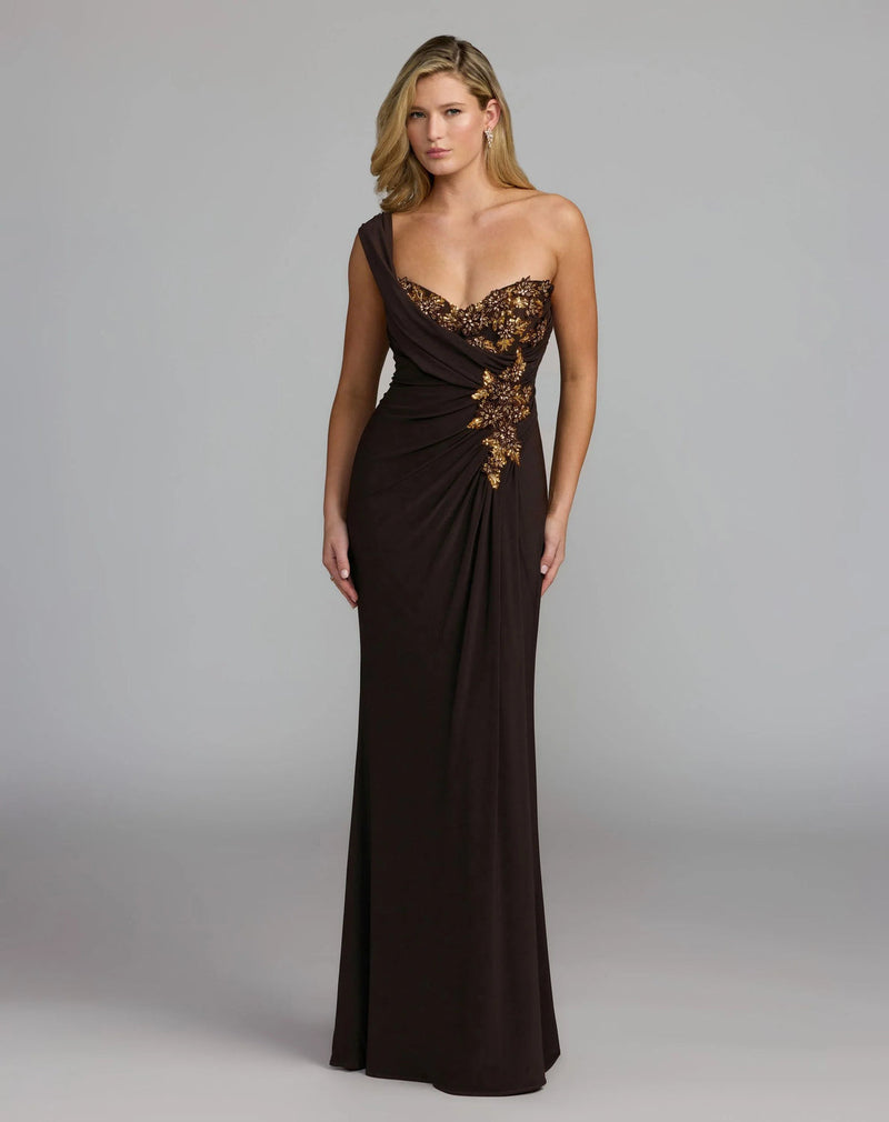 13243-Brown One Shoulder Embellished Jersey Gown polyester evening-gowns by Mac Duggal in brown for women in Singapore