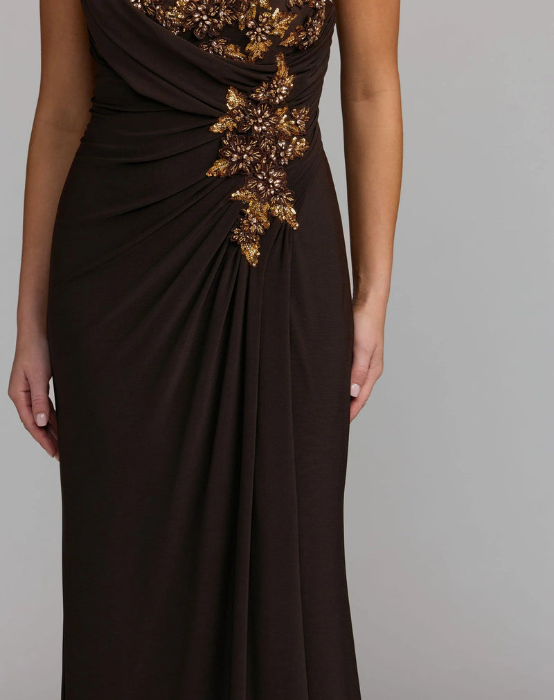 13243-Brown One Shoulder Embellished Jersey Gown polyester evening-gowns by Mac Duggal in brown for women in Singapore
