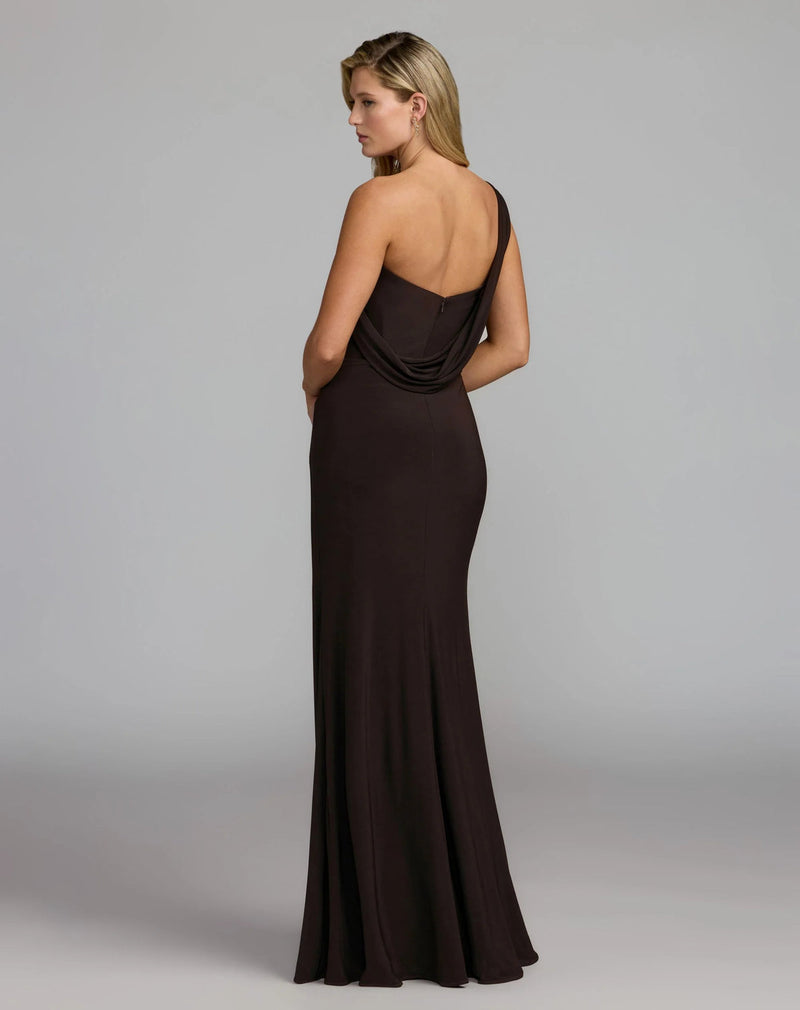 13243-Brown One Shoulder Embellished Jersey Gown polyester evening-gowns by Mac Duggal in brown for women in Singapore
