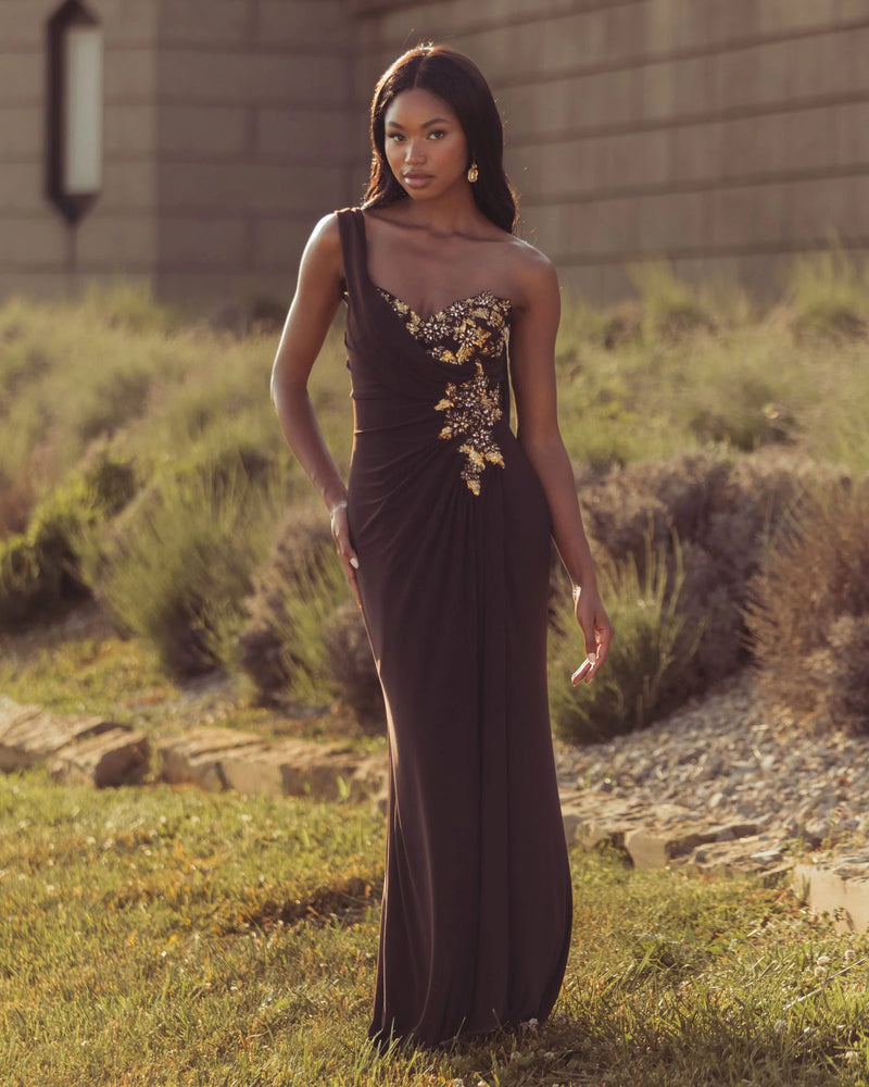 13243-Brown One Shoulder Embellished Jersey Gown polyester evening-gowns by Mac Duggal in brown for women in Singapore