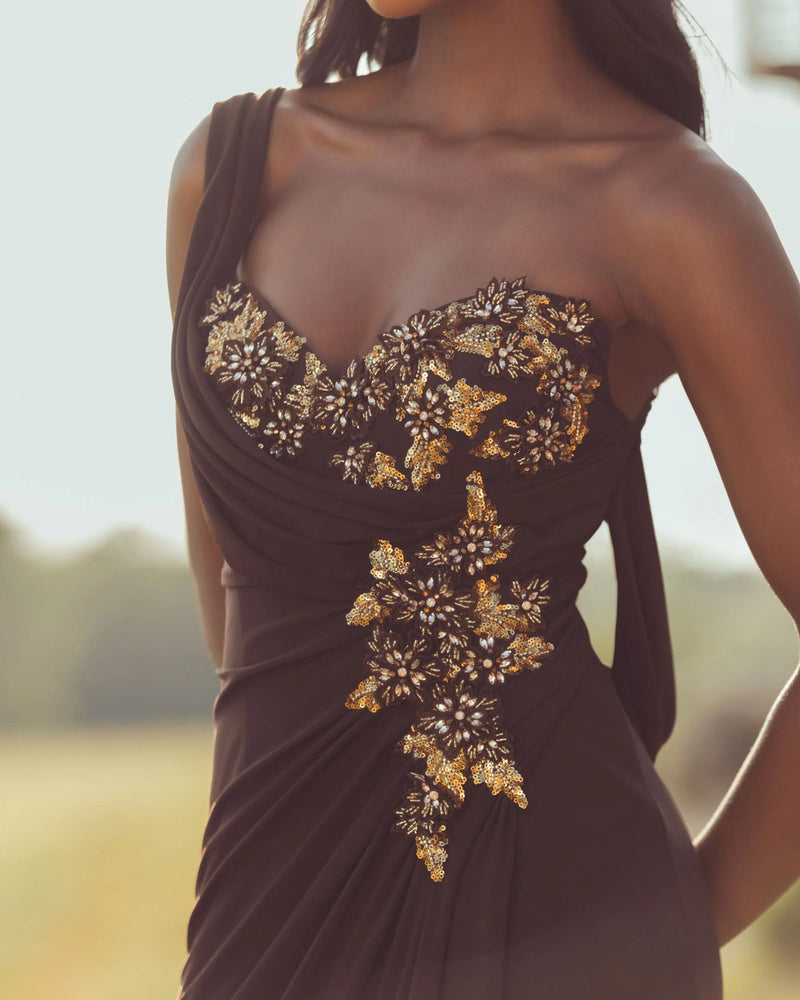 13243-Brown One Shoulder Embellished Jersey Gown polyester evening-gowns by Mac Duggal in brown for women in Singapore