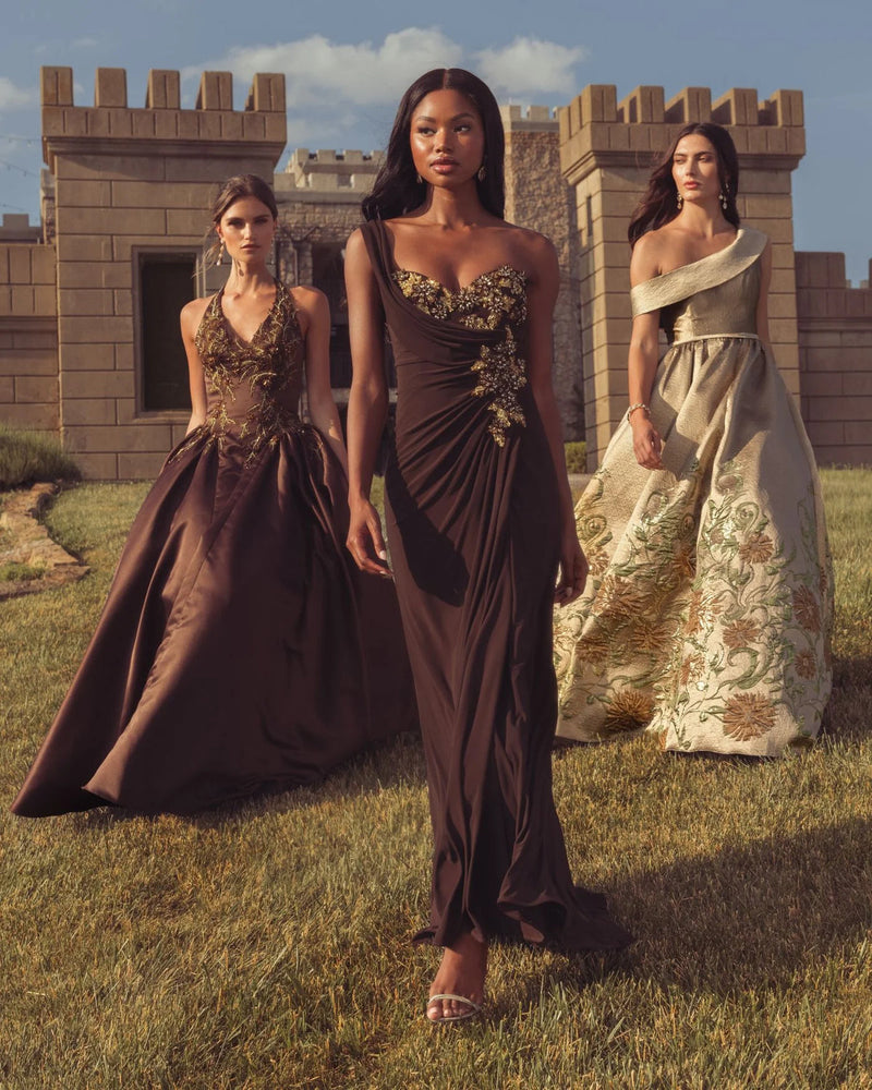 13243-Brown One Shoulder Embellished Jersey Gown polyester evening-gowns by Mac Duggal in brown for women in Singapore