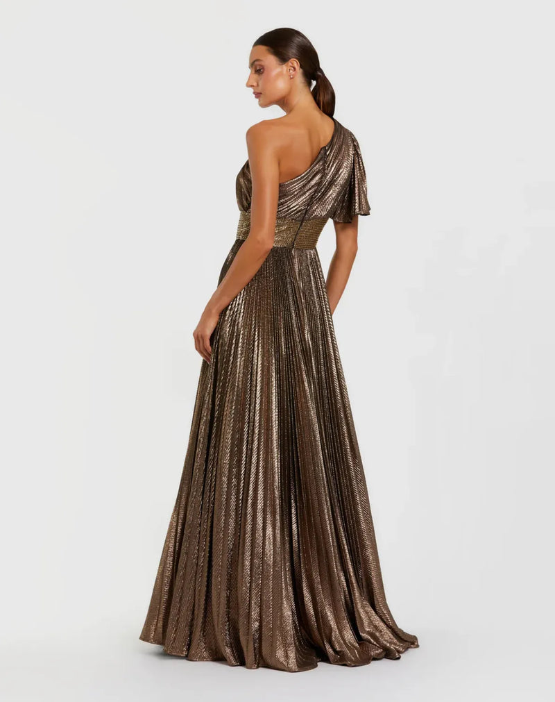 Brown One Shoulder Pleated Metallic Ball Gown by Mac Duggal for women in Singapore