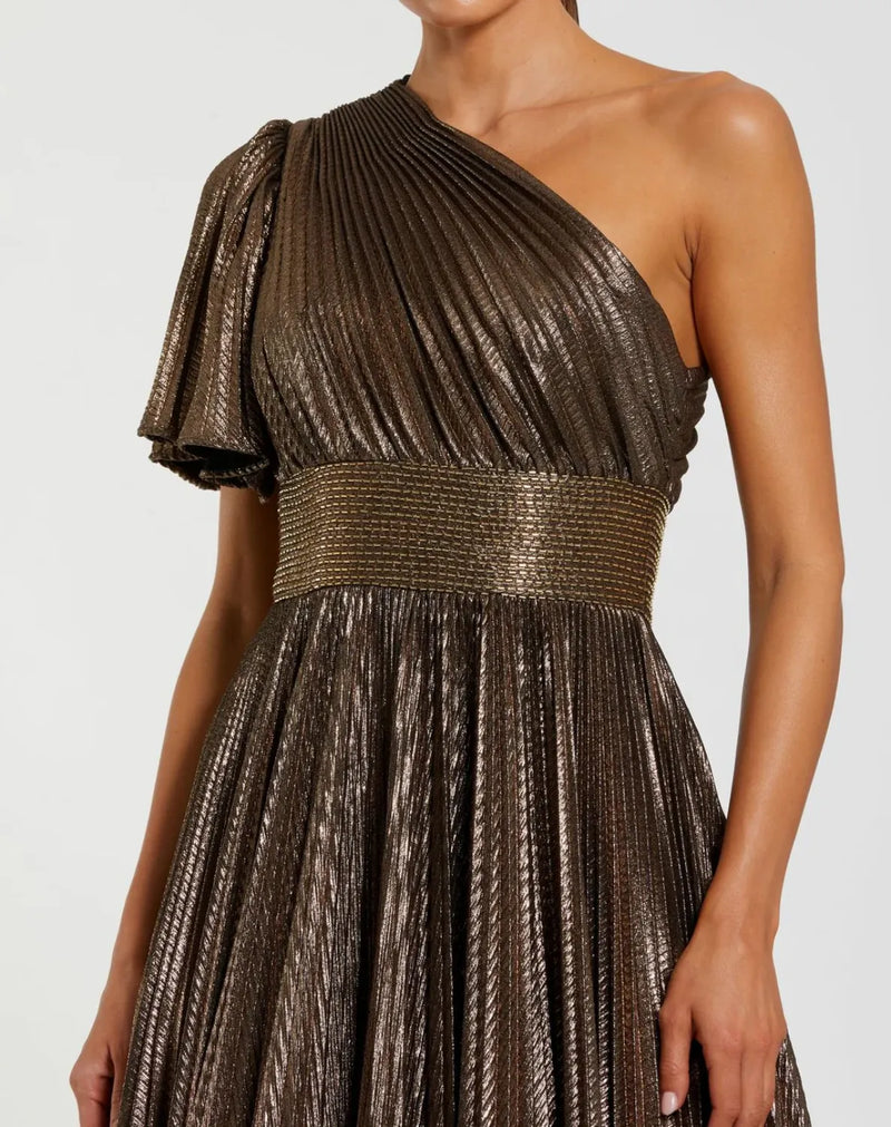 Brown One Shoulder Pleated Metallic Ball Gown by Mac Duggal for women in Singapore