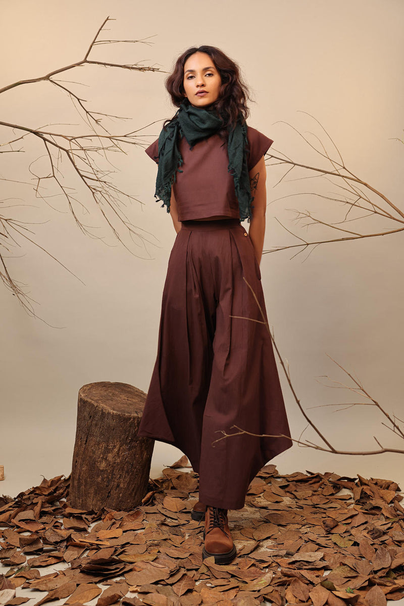 Brown PL Cowl Pants 100% cotton by Mati in brown color for women in Singapore