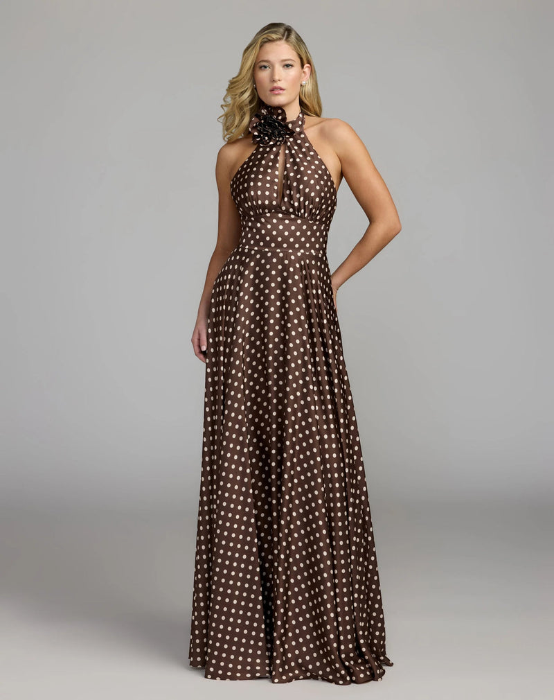 50210-Brown Polka Dot A-Line Halter Gown With Rosette polyester evening-gowns by Mac Duggal in multi-color for women in Singapore