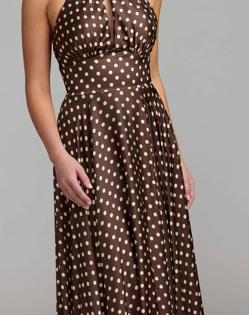 50210-Brown Polka Dot A-Line Halter Gown With Rosette polyester evening-gowns by Mac Duggal in multi-color for women in Singapore