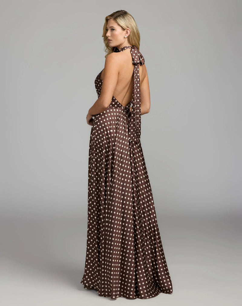 50210-Brown Polka Dot A-Line Halter Gown With Rosette polyester evening-gowns by Mac Duggal in multi-color for women in Singapore