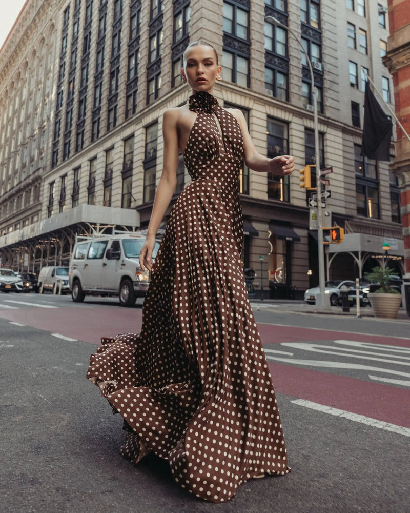 50210-Brown Polka Dot A-Line Halter Gown With Rosette polyester evening-gowns by Mac Duggal in multi-color for women in Singapore