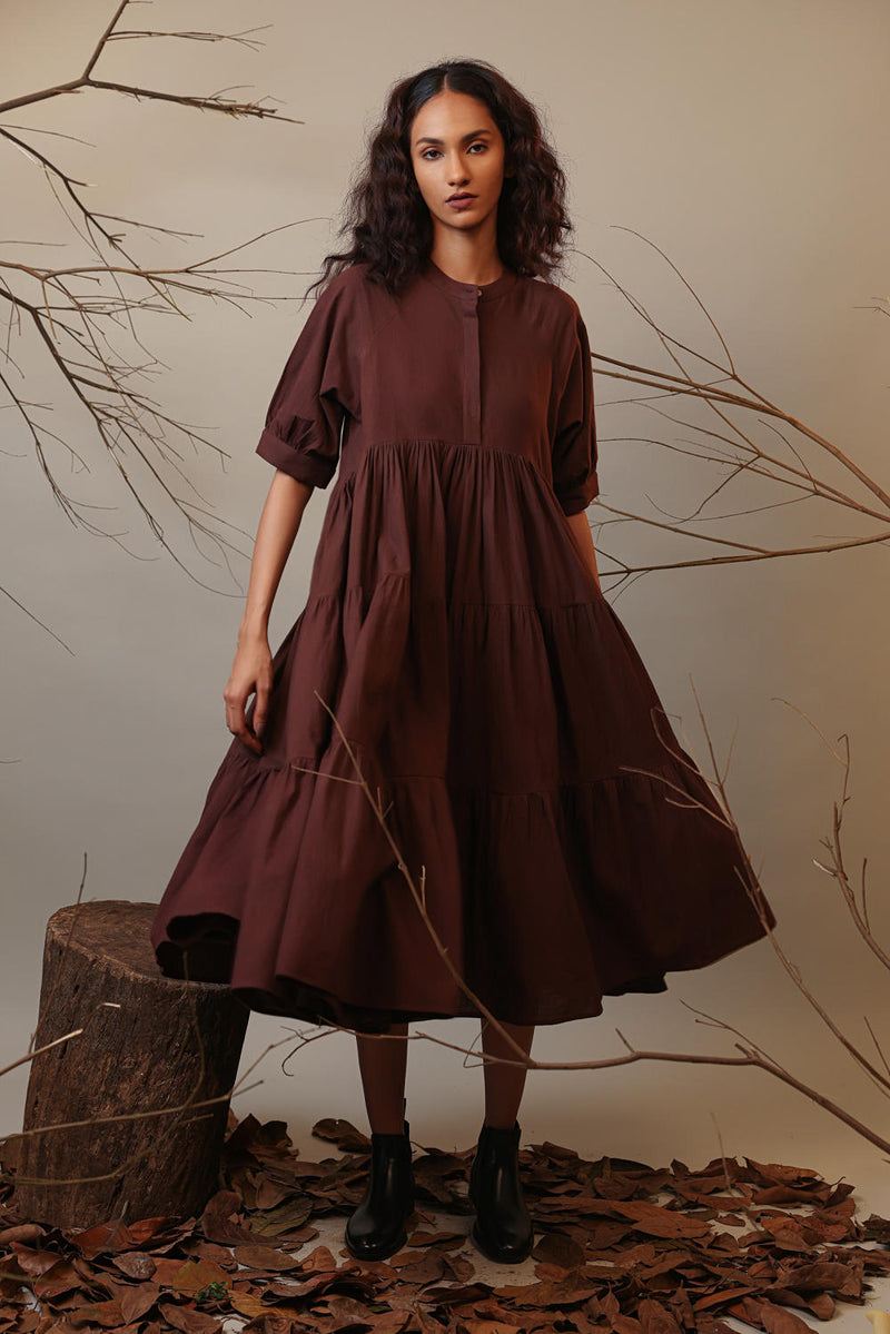 Brown Raglan Tiered Dress 100% cotton by Mati in brown color for women in Singapore
