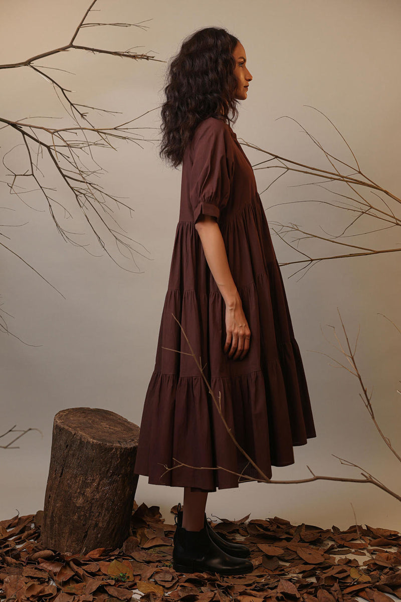 Brown Raglan Tiered Dress 100% cotton by Mati in brown color for women in Singapore