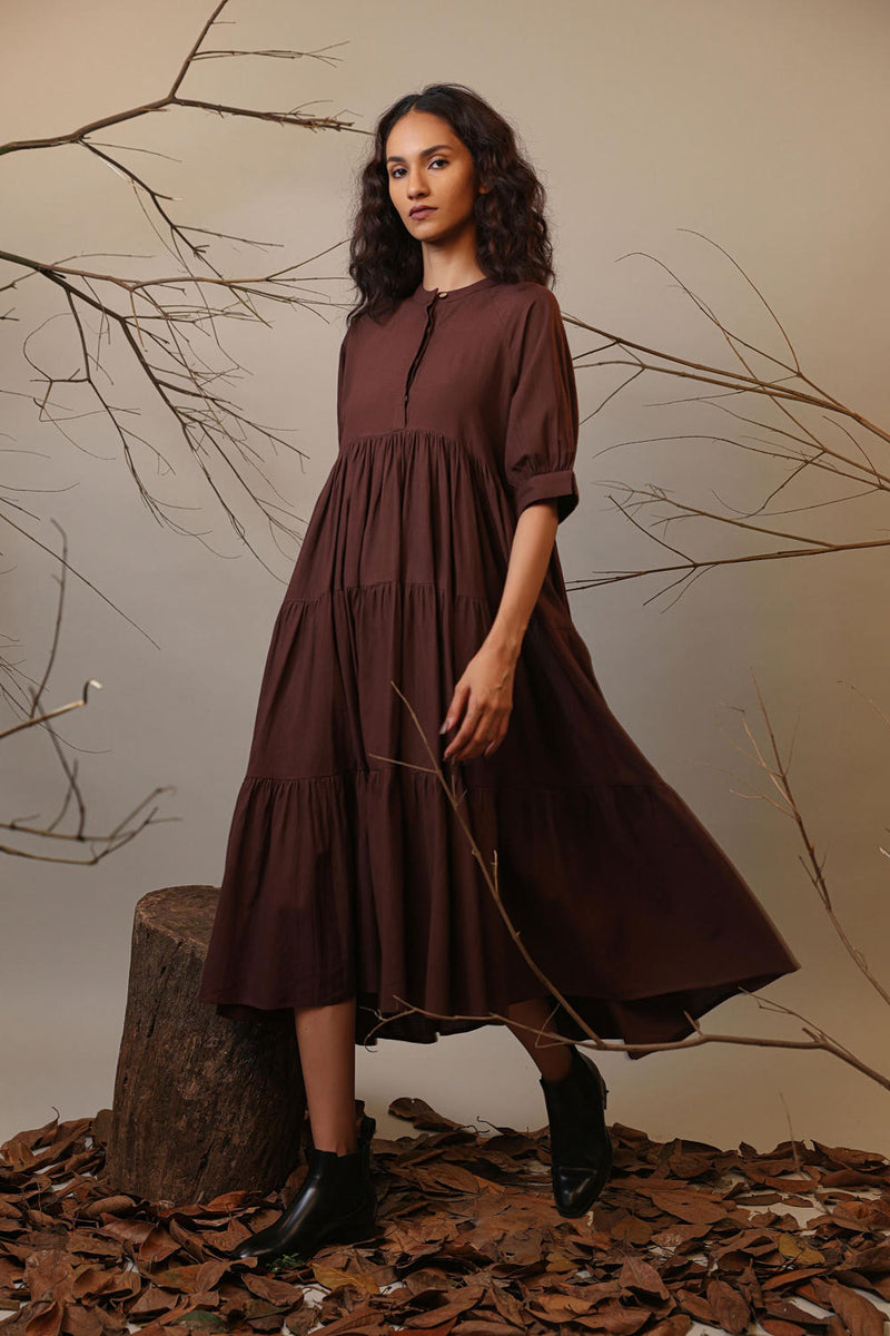 Brown Raglan Tiered Dress 100% cotton by Mati in brown color for women in Singapore