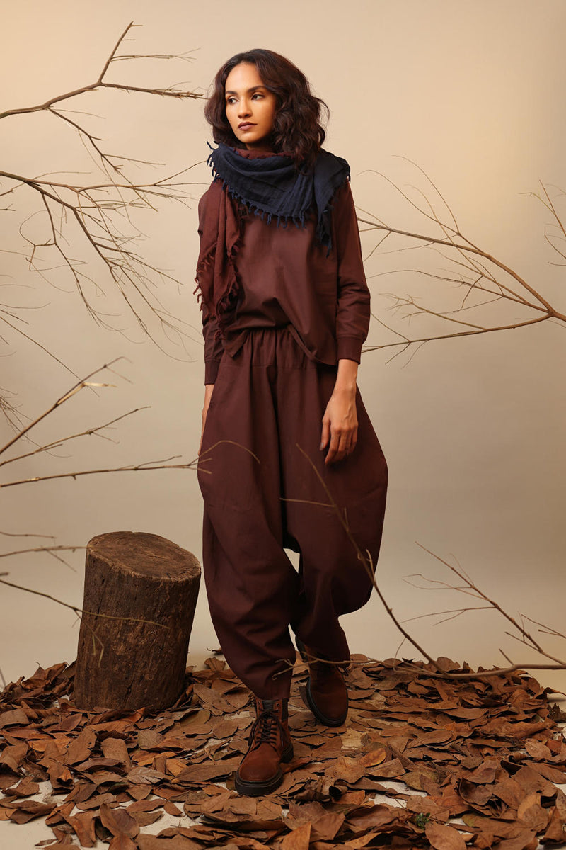 Brown Rib Raglan Co-Ord Set (2 PCS) 100% cotton by Mati in brown color for women in Singapore