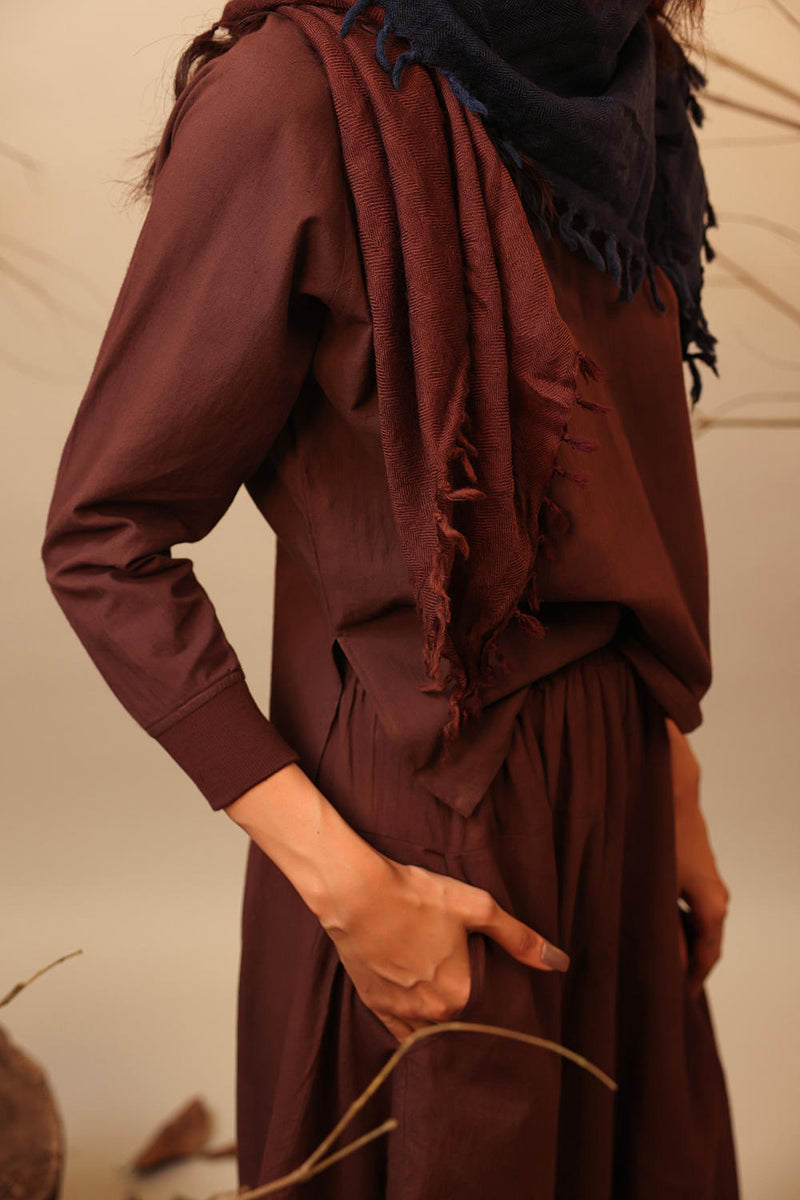 Brown Rib Raglan Co-Ord Set (2 PCS) 100% cotton by Mati in brown color for women in Singapore