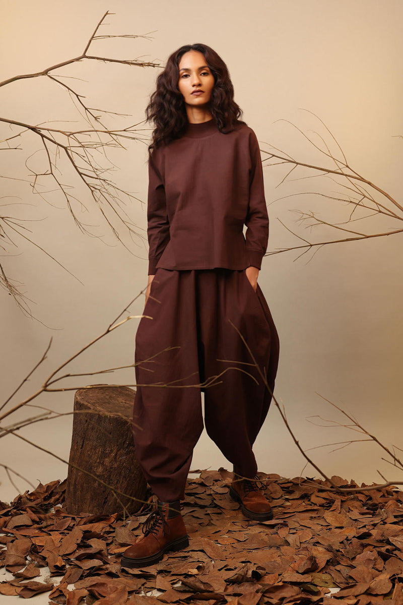 Brown Rib Raglan Co-Ord Set (2 PCS) 100% cotton by Mati in brown color for women in Singapore