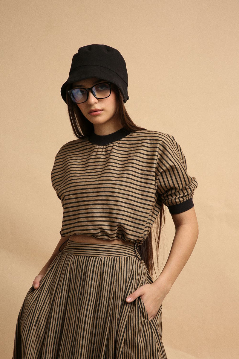Brown Thin Striped New Sphara Crop Top & Skirt Co-Ord Set (2 PCS) 100% cotton by Mati in brown color for women in Singapore
