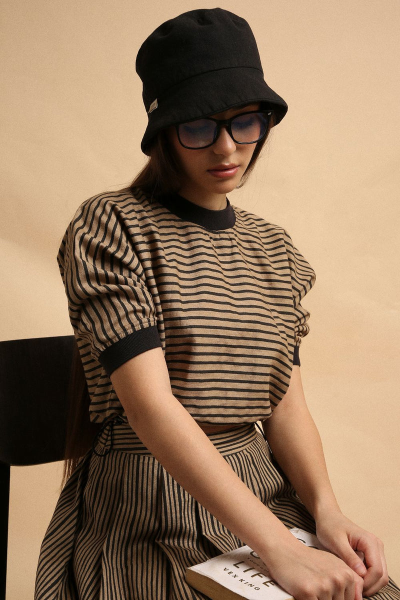Brown Thin Striped New Sphara Crop Top & Skirt Co-Ord Set (2 PCS) 100% cotton by Mati in brown color for women in Singapore