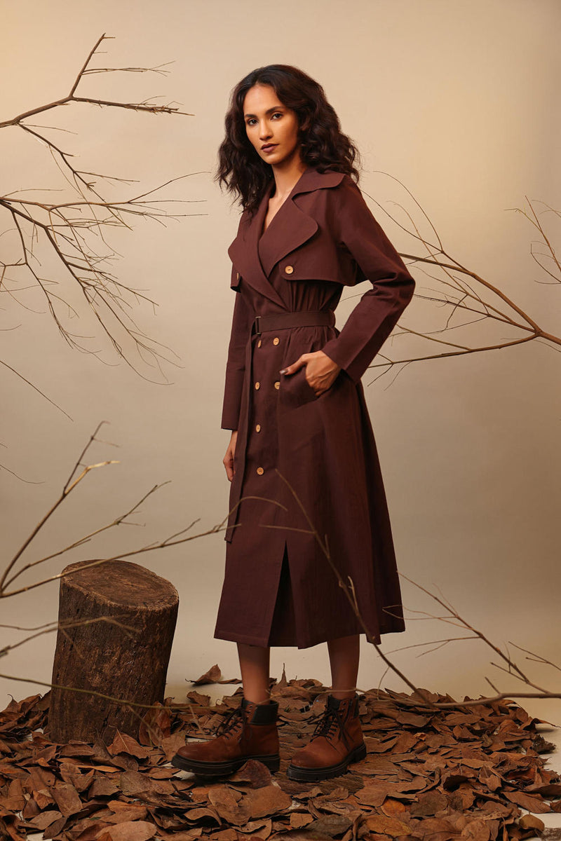 Brown Trench Dress 100% cotton by Mati in brown color for women in Singapore