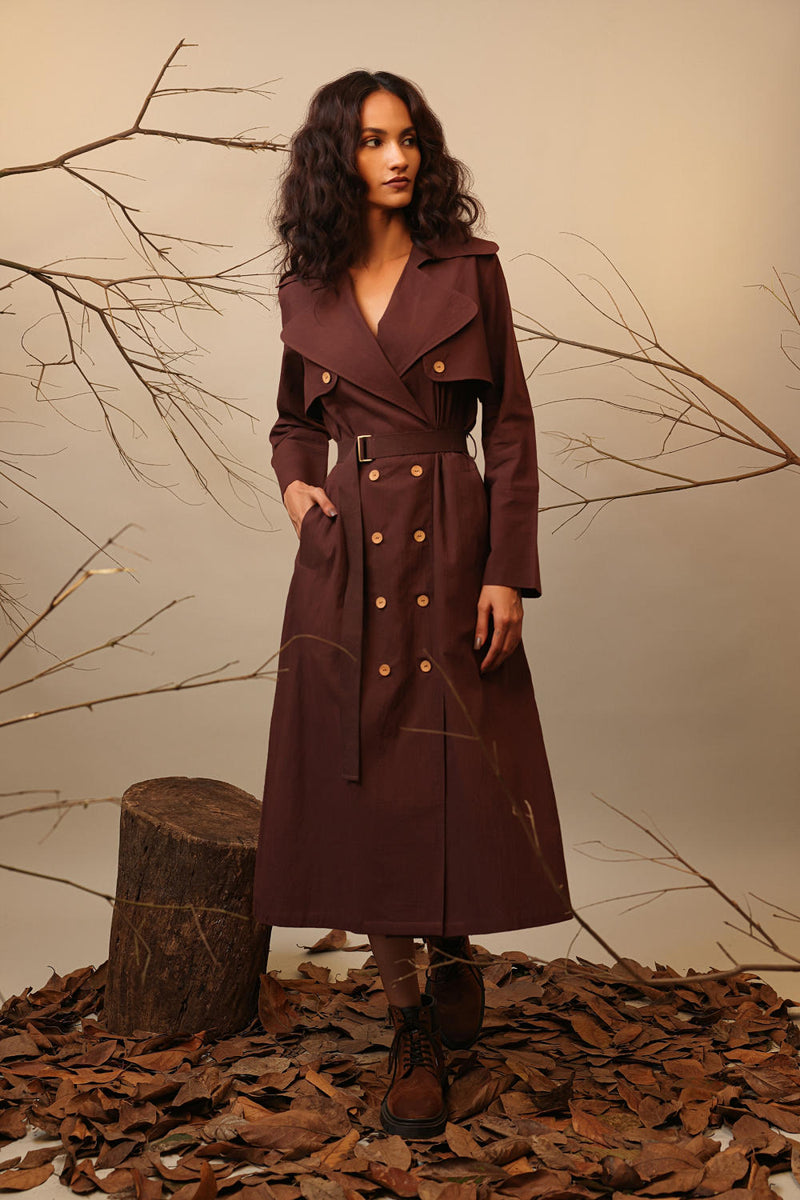 Brown Trench Dress 100% cotton by Mati in brown color for women in Singapore