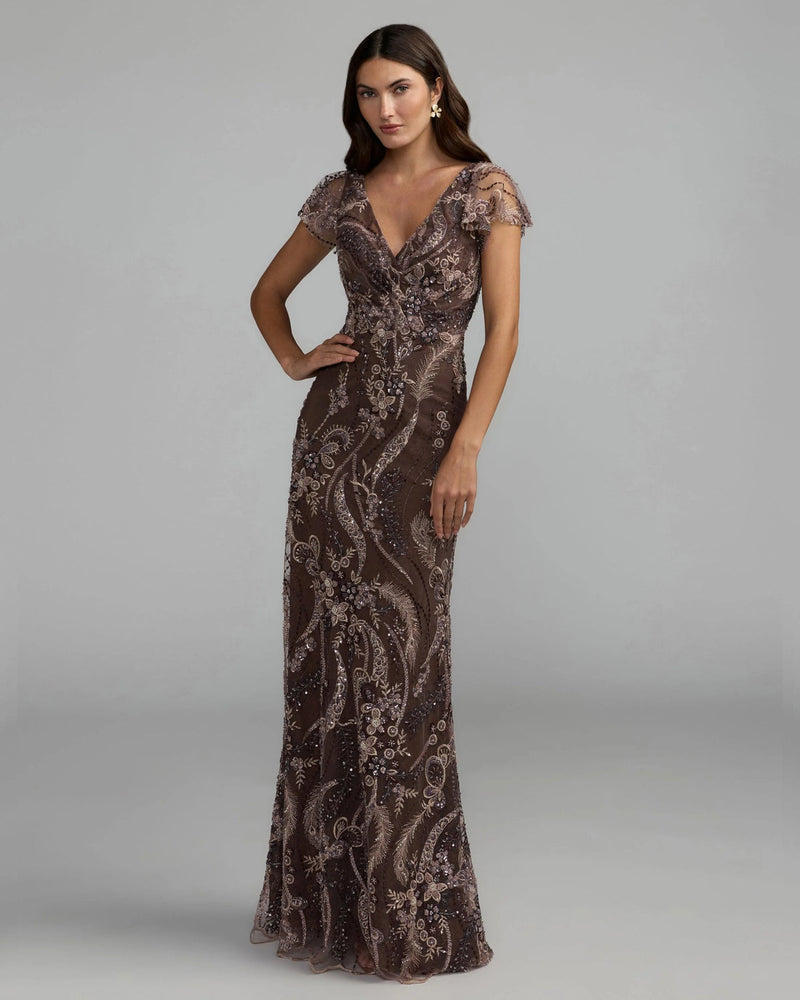 68914-Brown V Neck Flutter Sleeve Embroidered Lace Gown polyester evening-gowns by Mac Duggal in brown for women in Singapore
