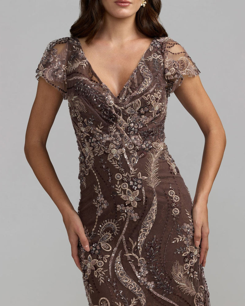 68914-Brown V Neck Flutter Sleeve Embroidered Lace Gown polyester evening-gowns by Mac Duggal in brown for women in Singapore