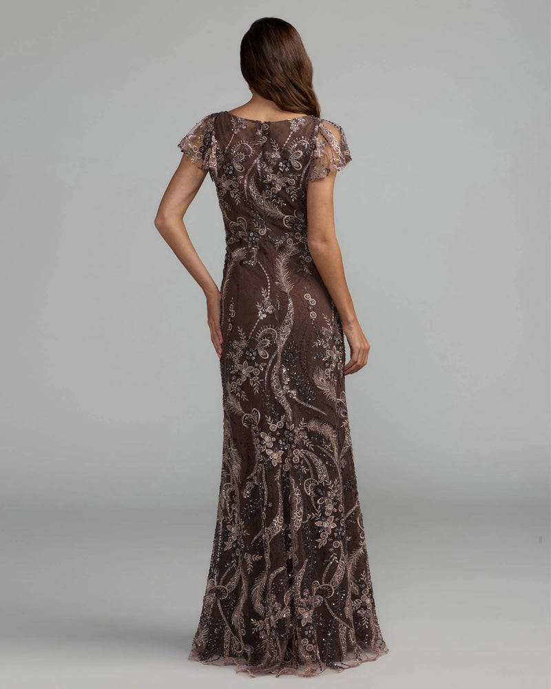68914-Brown V Neck Flutter Sleeve Embroidered Lace Gown polyester evening-gowns by Mac Duggal in brown for women in Singapore