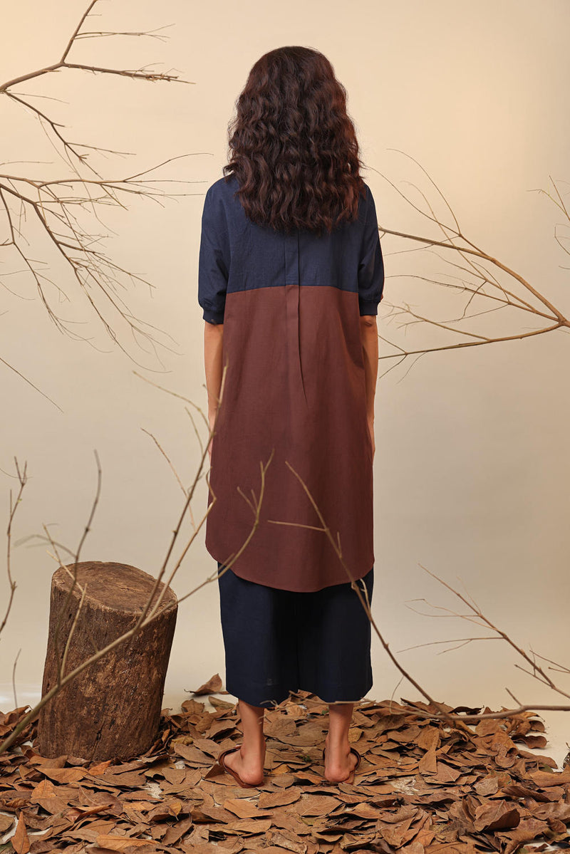 Brown & Blue Shirt Tunic Set (2 PCS) 100% cotton by Mati in multi color for women in Singapore