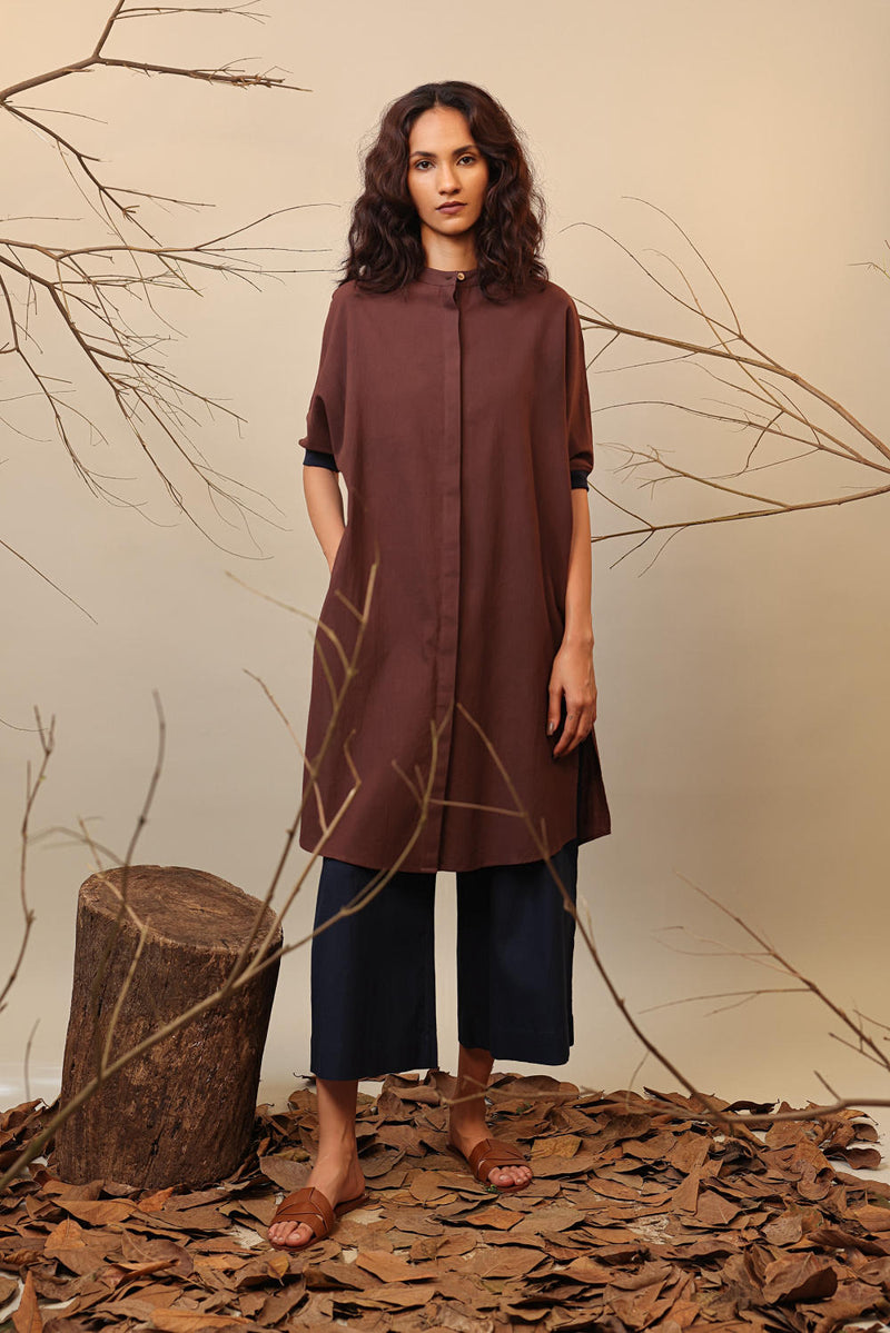 Brown & Blue Shirt Tunic 100% cotton by Mati in brown color for women in Singapore