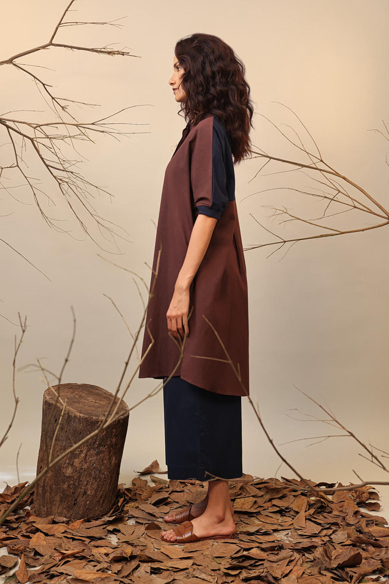 Brown & Blue Shirt Tunic 100% cotton by Mati in brown color for women in Singapore