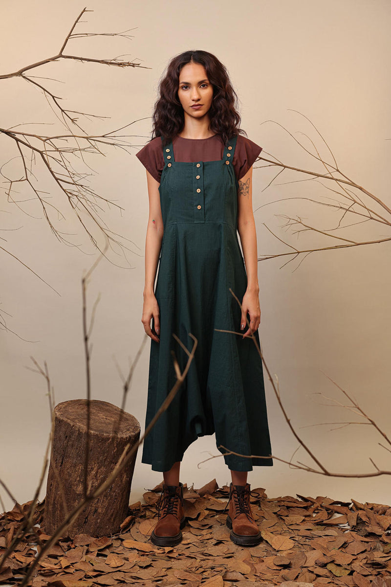 Brown & Green Dungarees Set (2 PCS) 100% cotton by Mati in multi color for women in Singapore