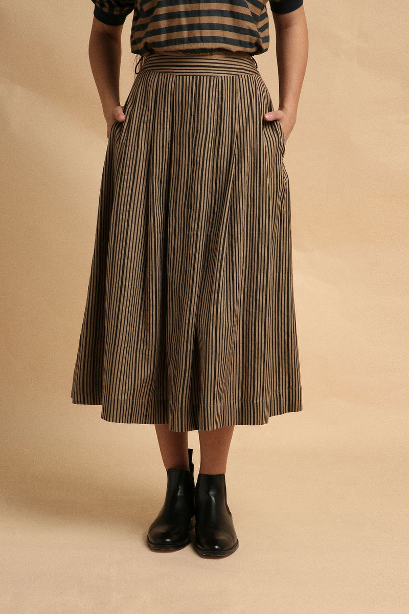 Brown with Narrow Charcoal Striped Box Pleated Skirt 100% cotton by Mati in brown color for women in Singapore