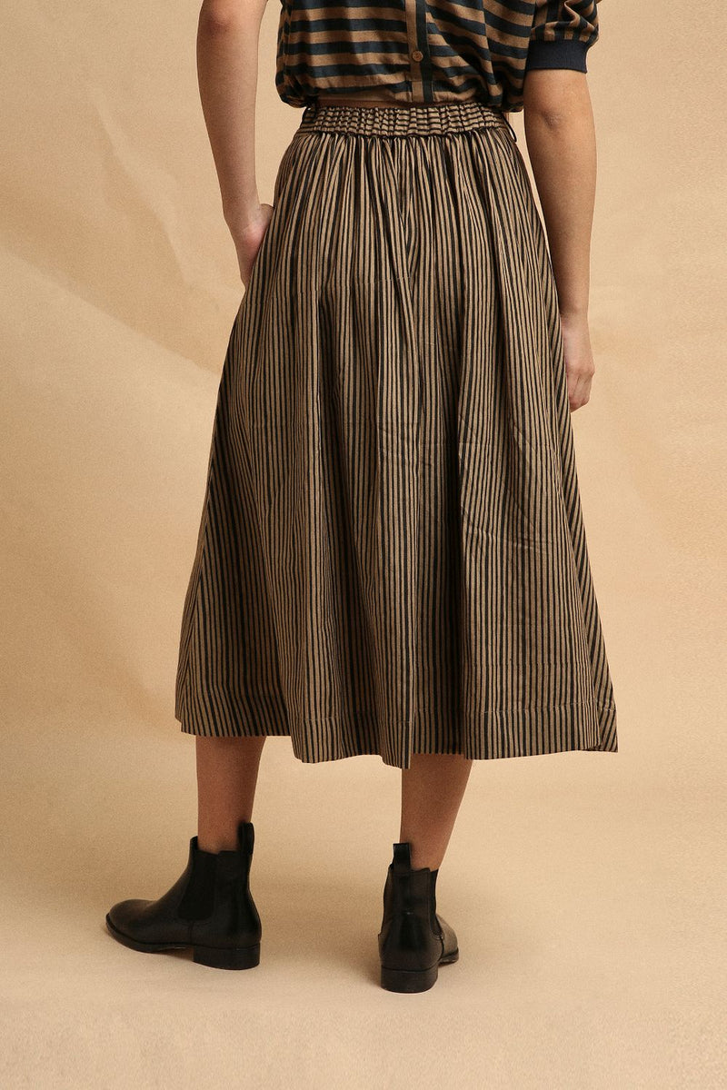 Brown with Narrow Charcoal Striped Box Pleated Skirt 100% cotton by Mati in brown color for women in Singapore
