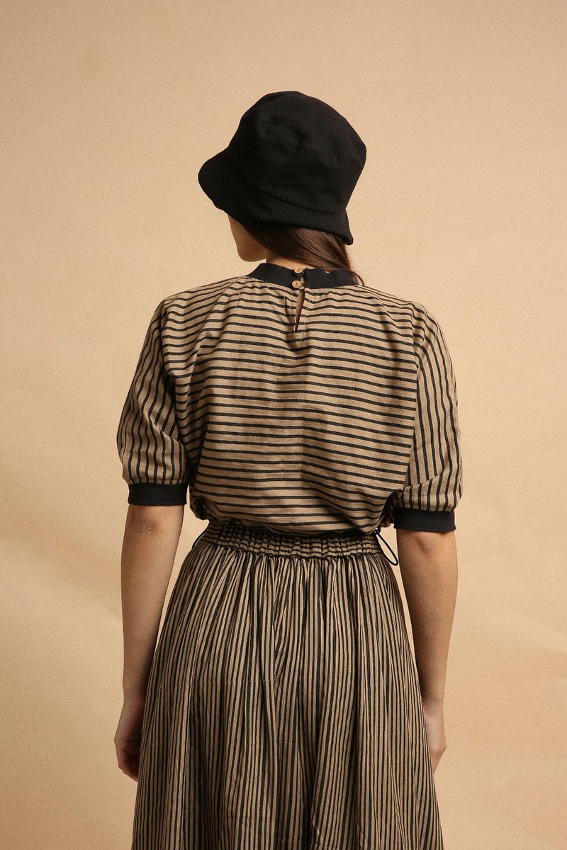 Brown with Narrow Charcoal Striped Box Pleated Skirt 100% cotton by Mati in brown color for women in Singapore
