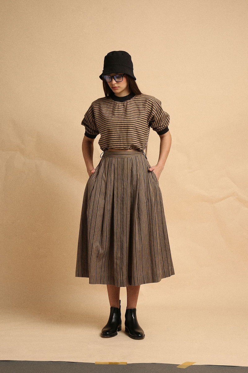 Brown with Narrow Charcoal Striped Box Pleated Skirt 100% cotton by Mati in brown color for women in Singapore
