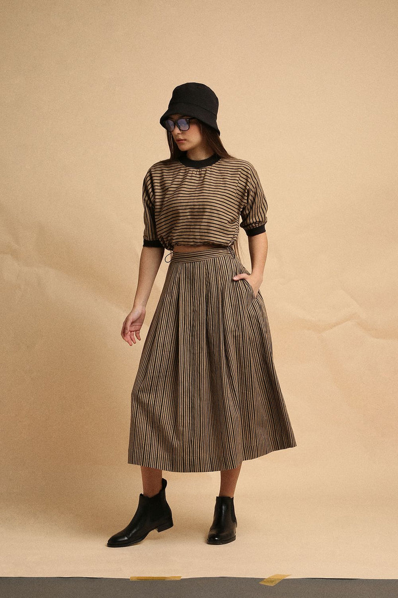 Brown with Narrow Charcoal Striped Box Pleated Skirt 100% cotton by Mati in brown color for women in Singapore