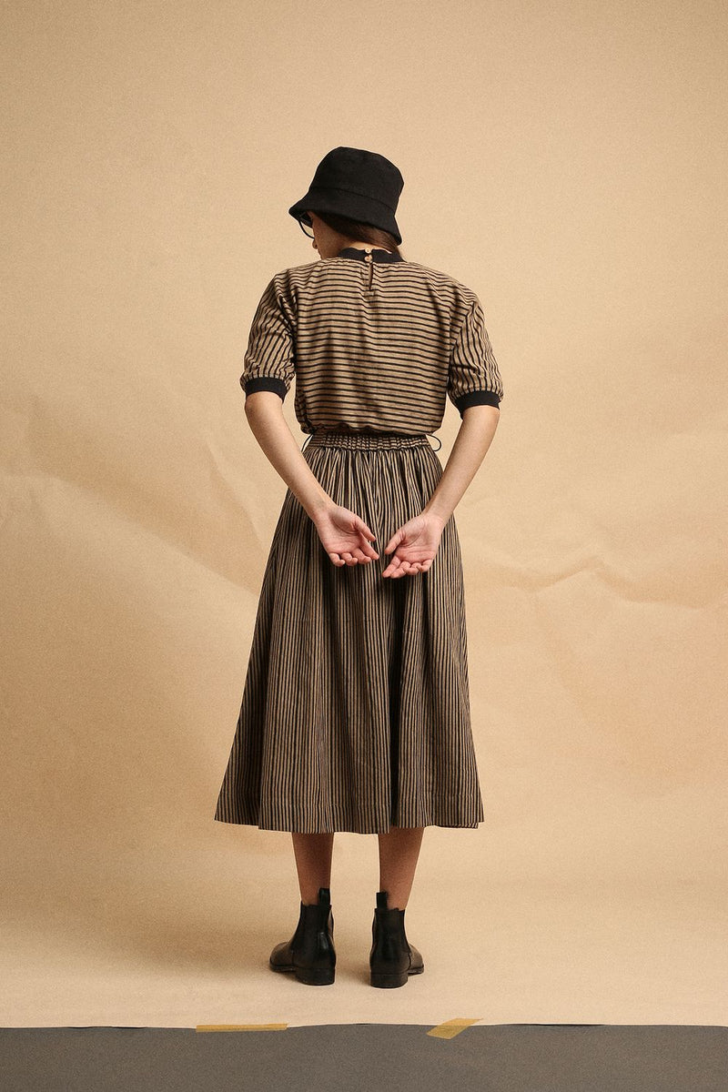 Brown with Narrow Charcoal Striped Box Pleated Skirt 100% cotton by Mati in brown color for women in Singapore