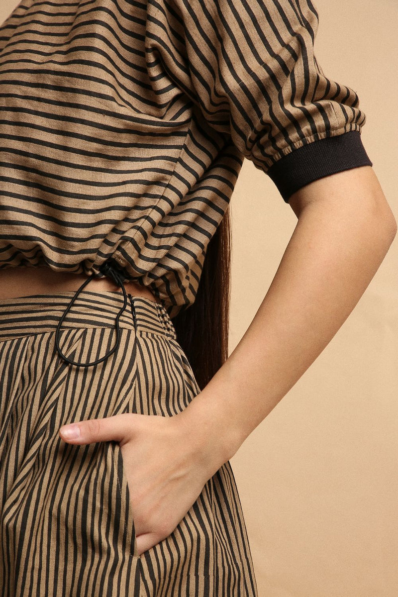 Brown with Narrow Charcoal Striped Box Pleated Skirt 100% cotton by Mati in brown color for women in Singapore