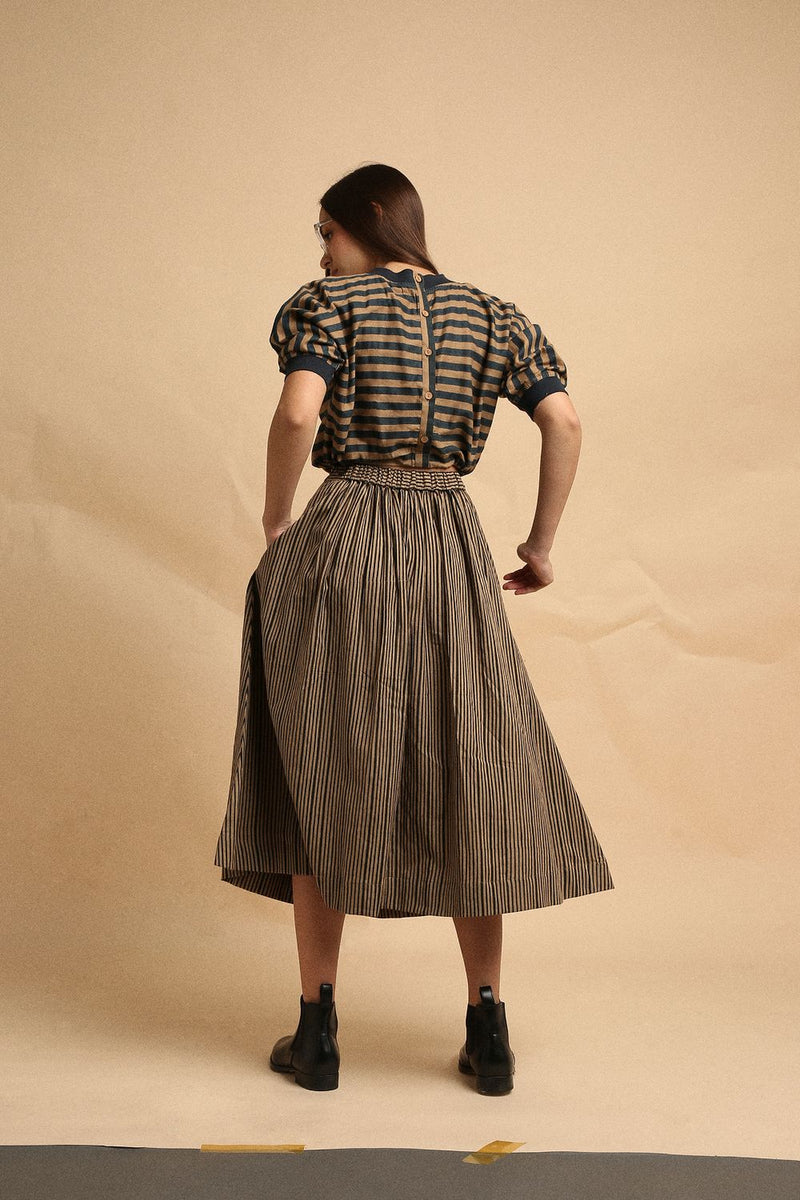 Brown with Narrow Charcoal Striped Box Pleated Skirt 100% cotton by Mati in brown color for women in Singapore