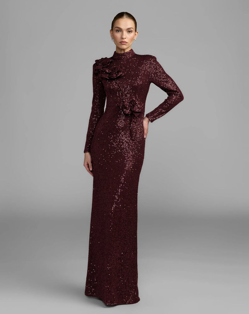 37157-Burgundy Long Sleeve Sequin Gown With Flowers polyester evening-gowns by Mac Duggal in maroon for women in Singapore