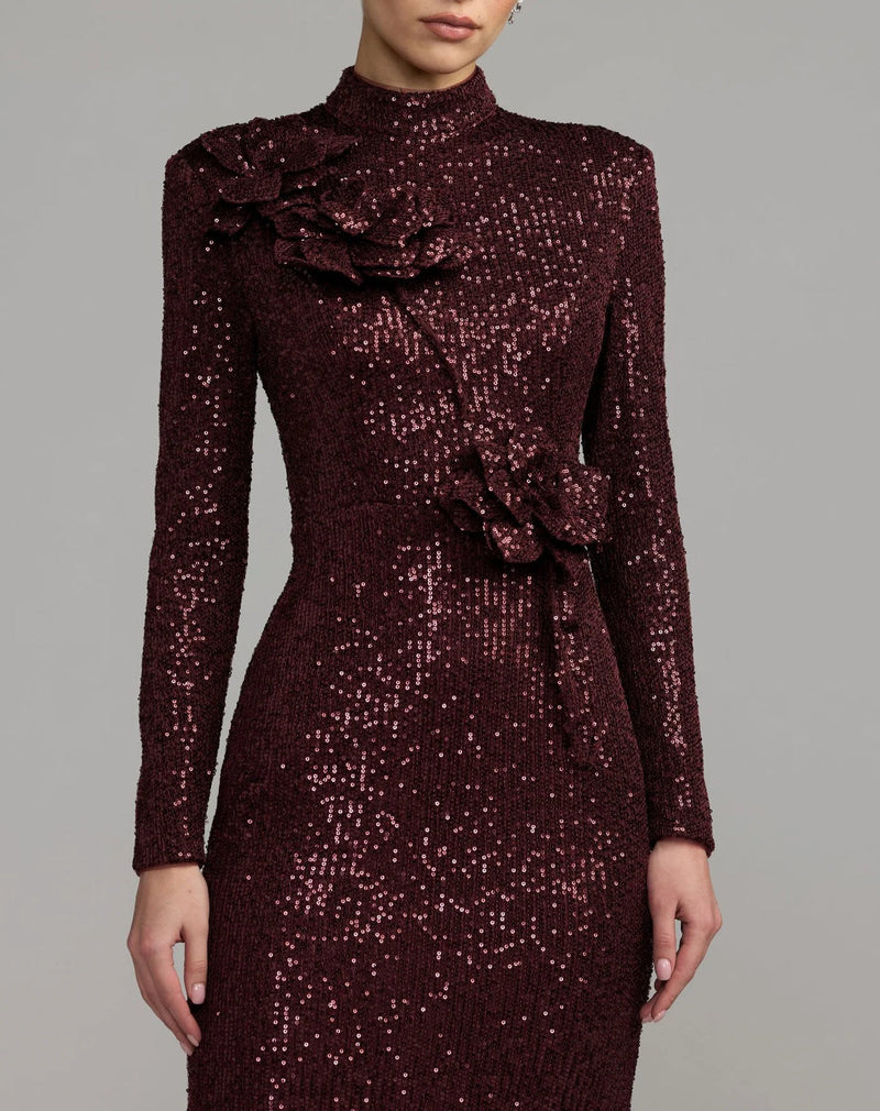 37157-Burgundy Long Sleeve Sequin Gown With Flowers polyester evening-gowns by Mac Duggal in maroon for women in Singapore