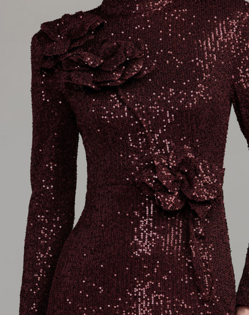 37157-Burgundy Long Sleeve Sequin Gown With Flowers polyester evening-gowns by Mac Duggal in maroon for women in Singapore