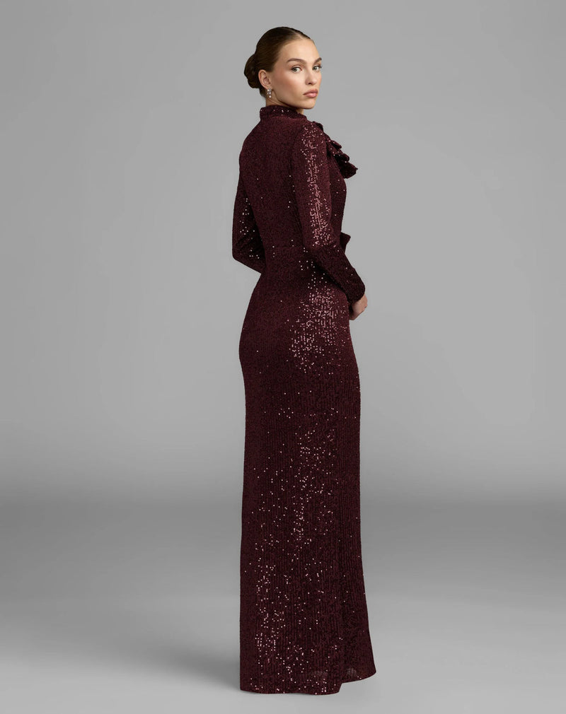 37157-Burgundy Long Sleeve Sequin Gown With Flowers polyester evening-gowns by Mac Duggal in maroon for women in Singapore