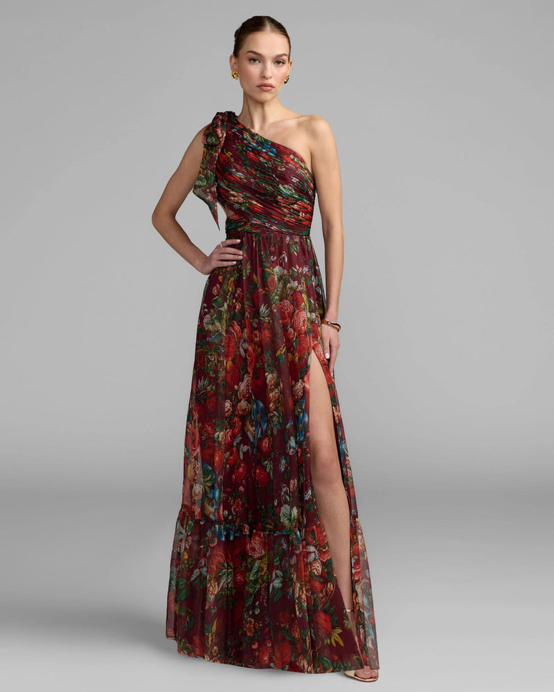 68553-Burgundy One Shoulder Floral Printed Chiffon Side Cut Out Gown polyester cocktail-and-party-dresses by Mac Duggal in multi-color for women in Singapore
