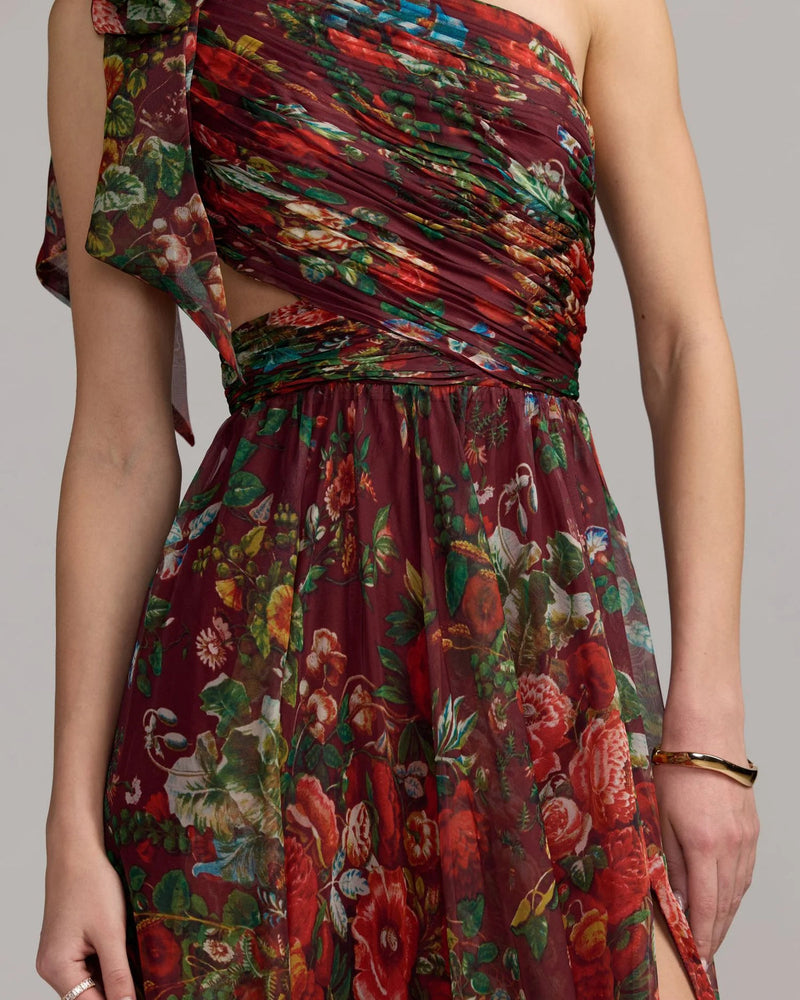 68553-Burgundy One Shoulder Floral Printed Chiffon Side Cut Out Gown polyester cocktail-and-party-dresses by Mac Duggal in multi-color for women in Singapore