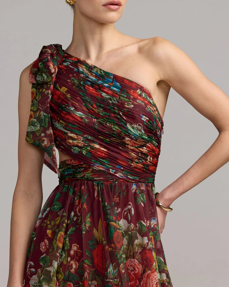 68553-Burgundy One Shoulder Floral Printed Chiffon Side Cut Out Gown polyester cocktail-and-party-dresses by Mac Duggal in multi-color for women in Singapore